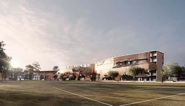 Image 4_APCS View from Sports Field_preview Artist impression of the new building and multi-purpose playing field. Image Credit: Design | TKD Architects, Visualisation | Narrative.
