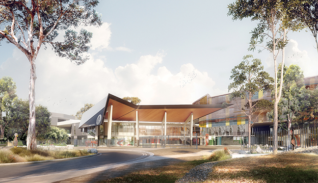 Image 5_APCS View of Cola and Entry_preview Artist impression of the new building and main entry from Park Road. Image Credit: Design | TKD Architects, Visualisation | Narrative.