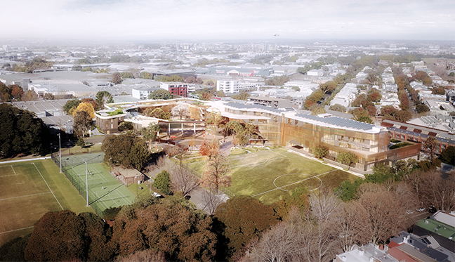 Image 8_APCS Aerial of APCS_preview Artist impression of the new building and main entry from Park Road. Image Credit: Design | TKD Architects, Visualisation | Narrative.