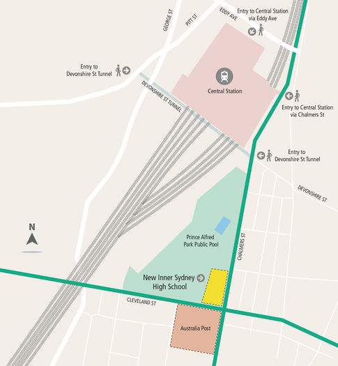 Image%203%20Inner%20Sydney%20High%20School Map of the development site (in yellow) and surrounding areas for Inner Sydney High School