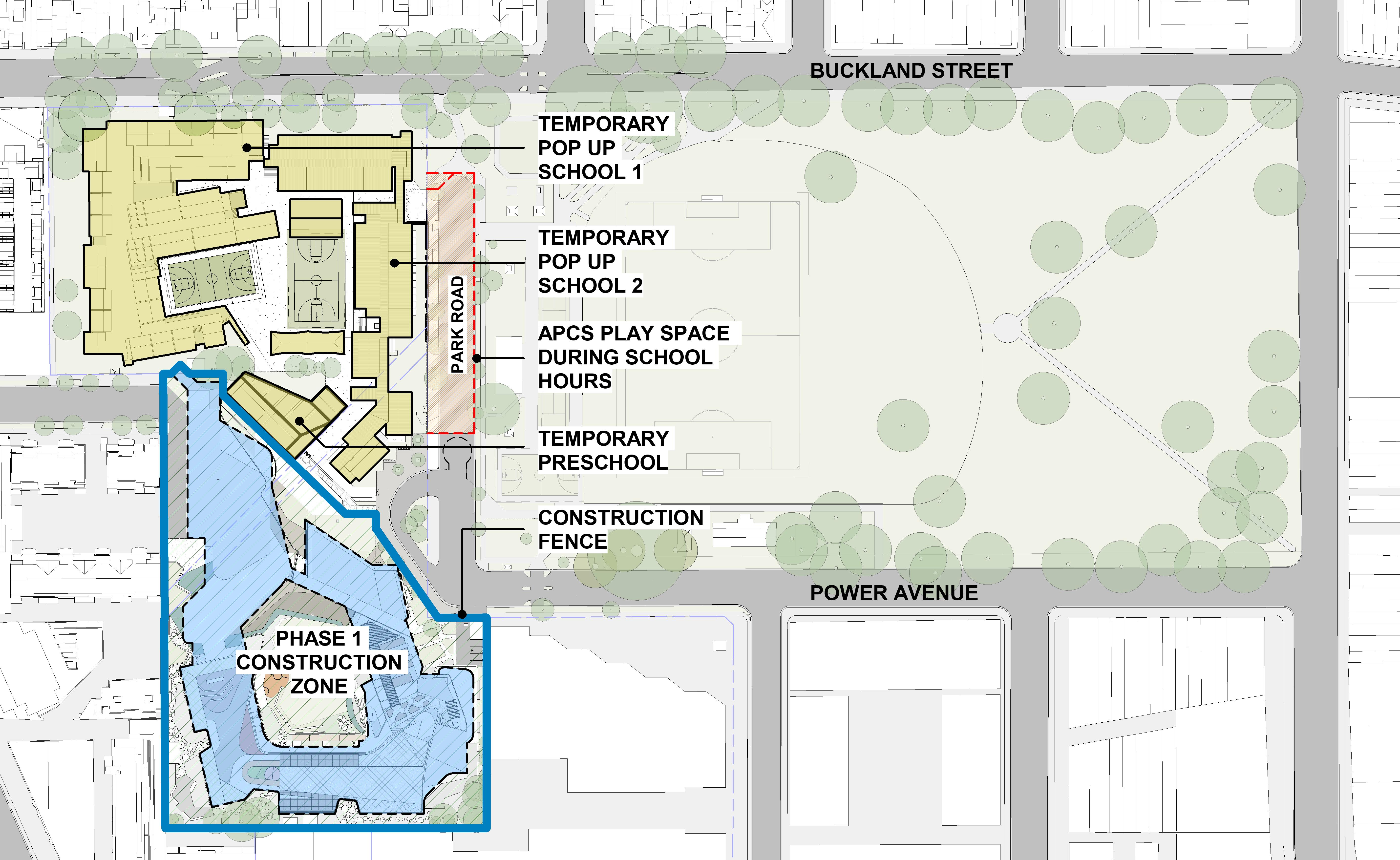 Placeholder image Site plan during the construction of the main works locating pop-up 1, pop-up 2, APCS play space on Park Road, temporary preschool and the construction zone. Image Credit: Design | TKD Architects.